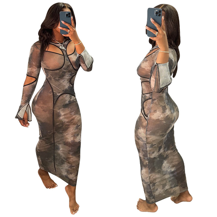 Dame Maxikjole med moderne cut-outs og volangærmer Stilla