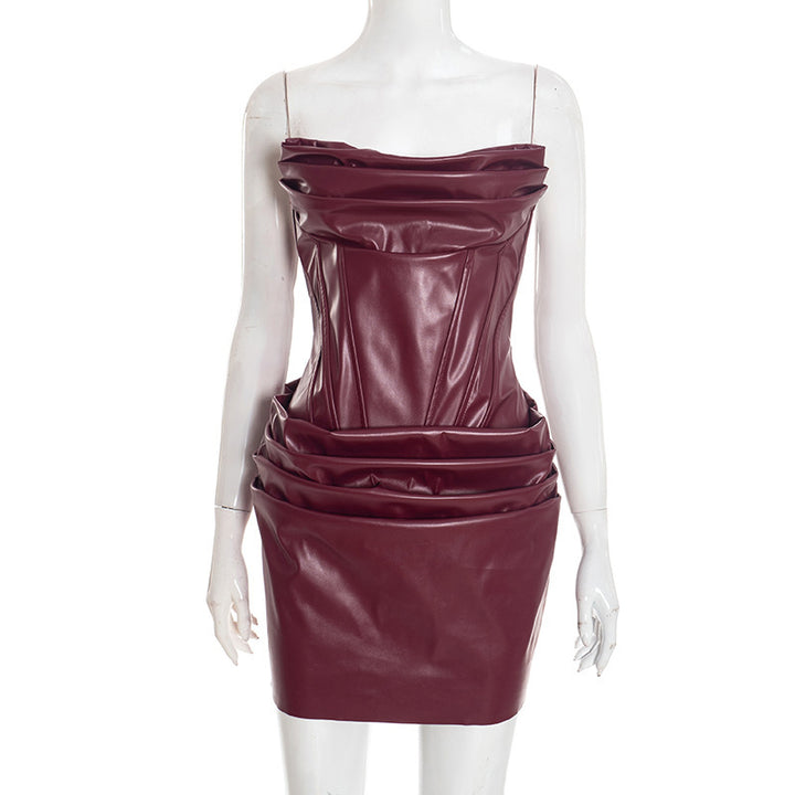 Damen Raffiniertes Minikleid aus hochwertigem Kunstleder mit drapierten Details Skovae
