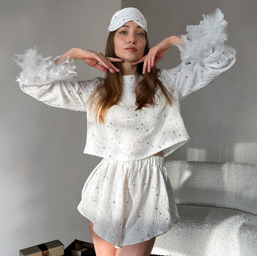Dame elegant natkjole sæt med prydede ærmer og sovemaske Stilla