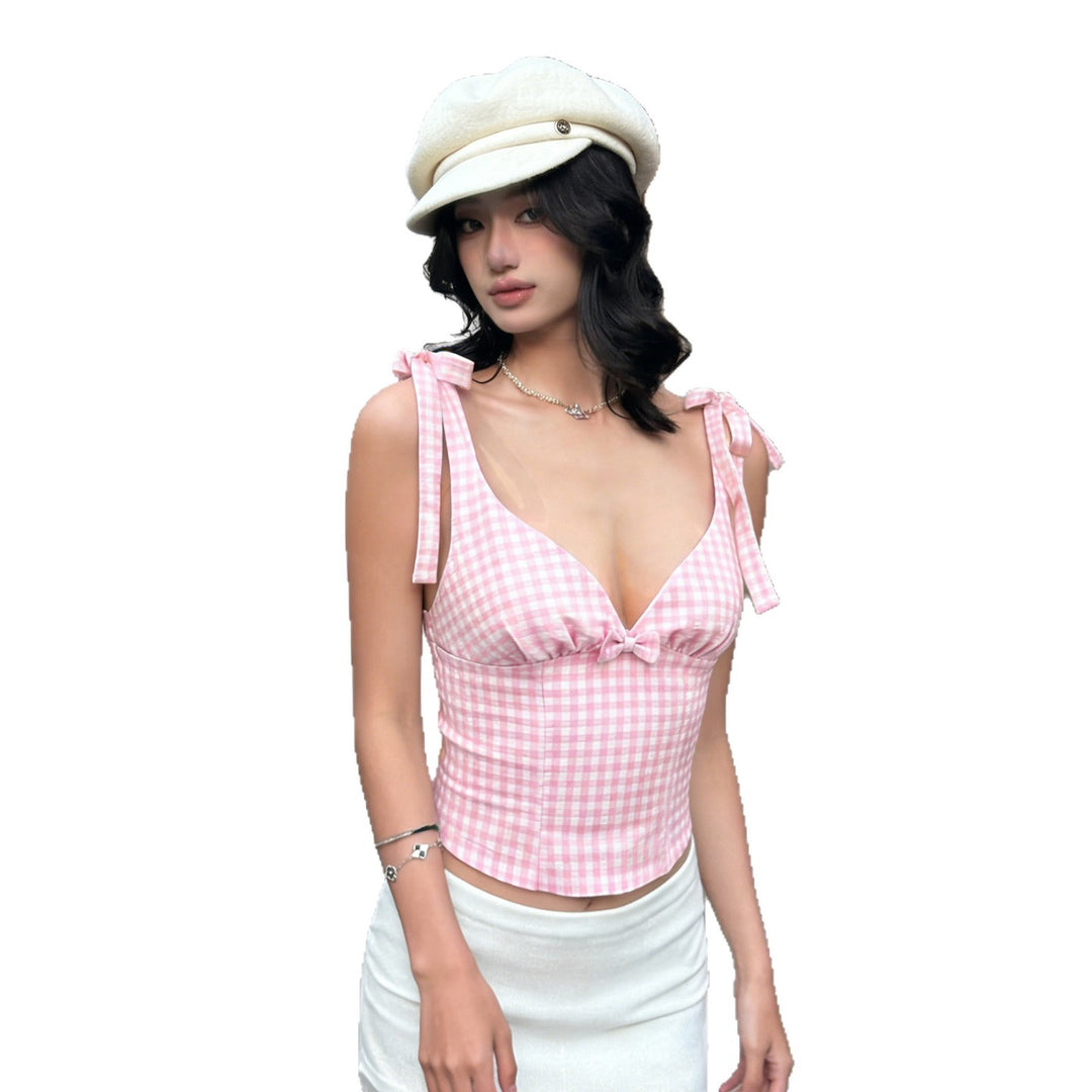 Dame Gingham Crop-Top med søde sløjfe-detaljer Skovae