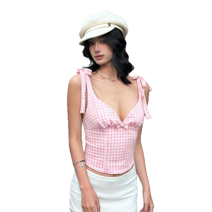 Dame Gingham Crop-Top med søde sløjfe-detaljer Skovae