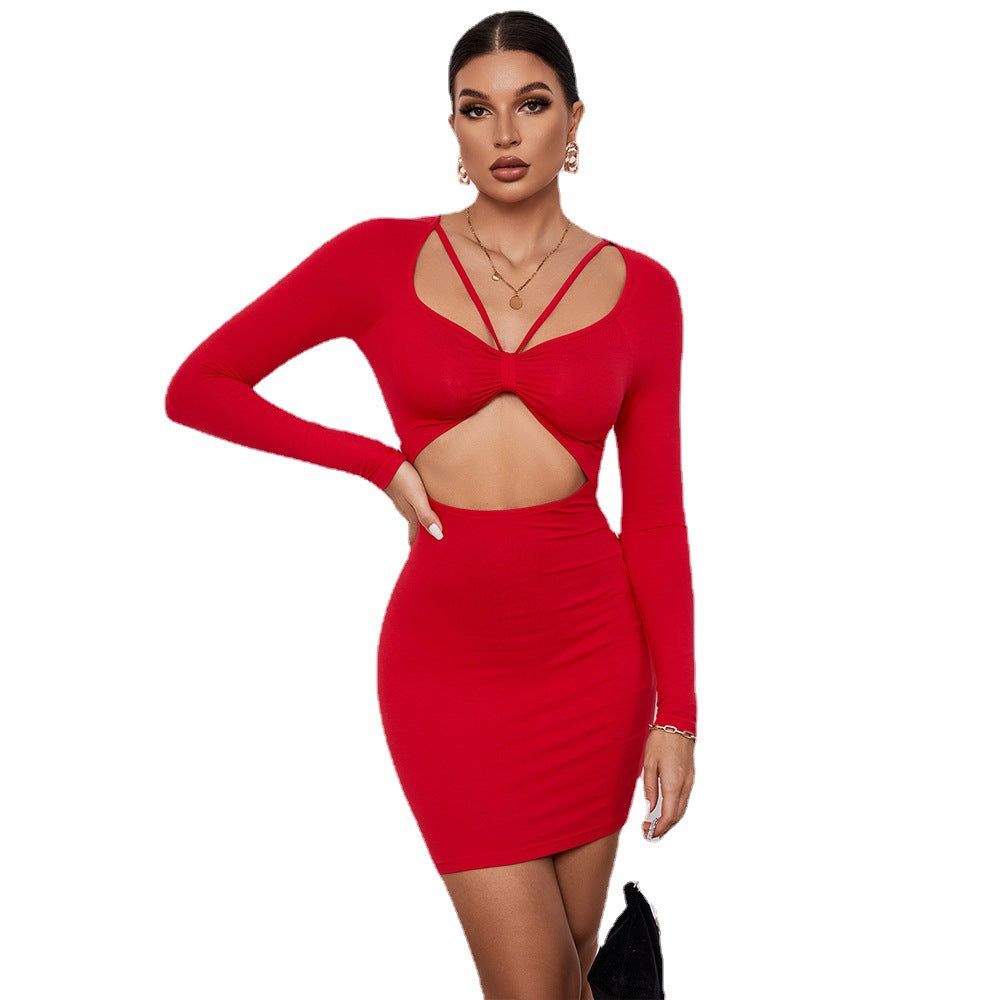Kvindernes bodycon cut-out mini kjole med lange ærmer og sexy knude detalje Stilla