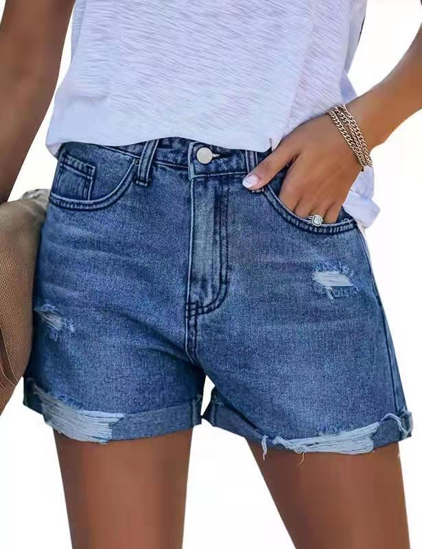 Dame sommerlige destroyed jeansshorts med opfoldet kant Skovae