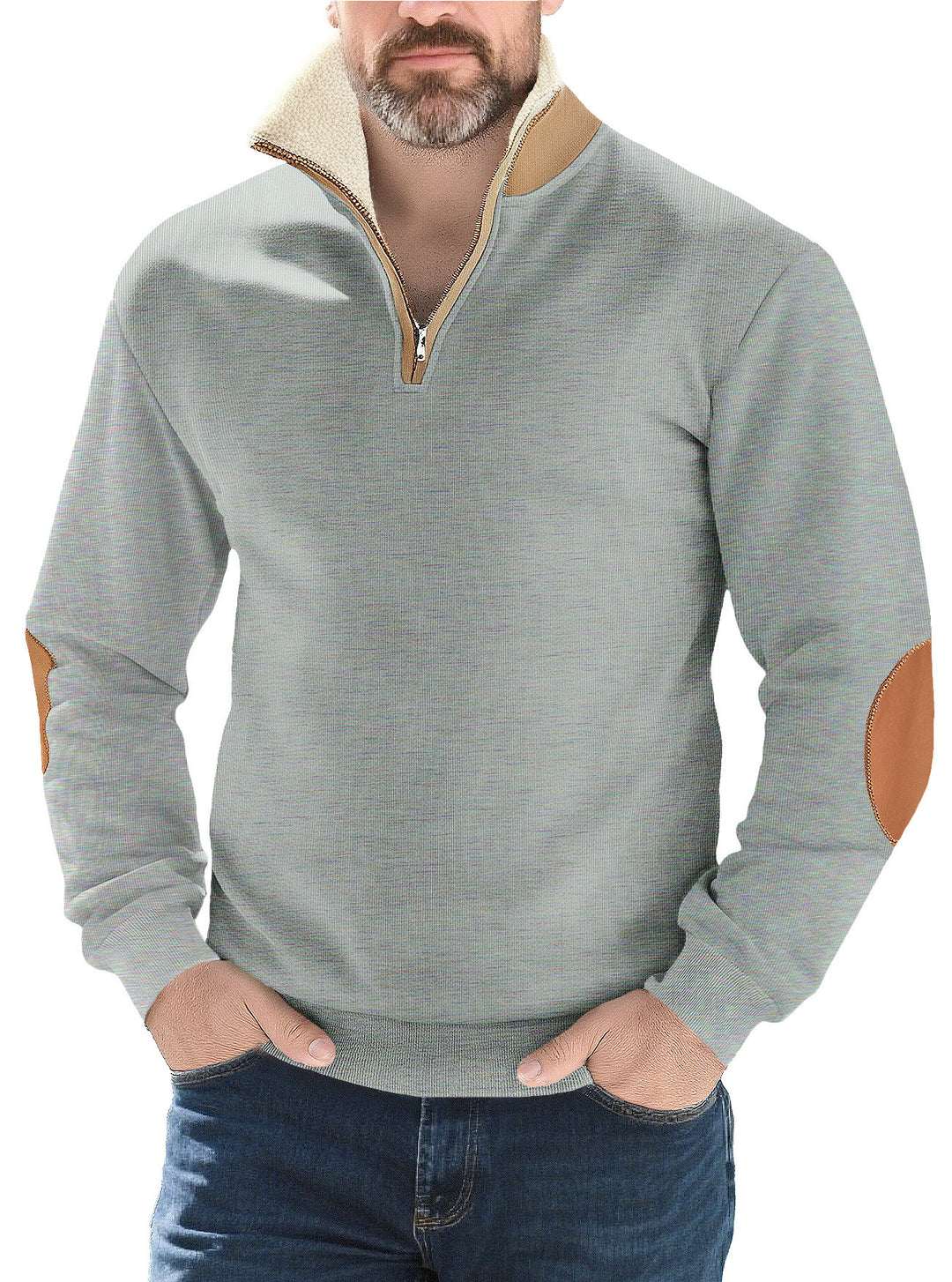 Herrer nan Strukturstrik-halv-zip-pullover med varmende Sherpa-krave og velour-ellenbog-applikation Skovae