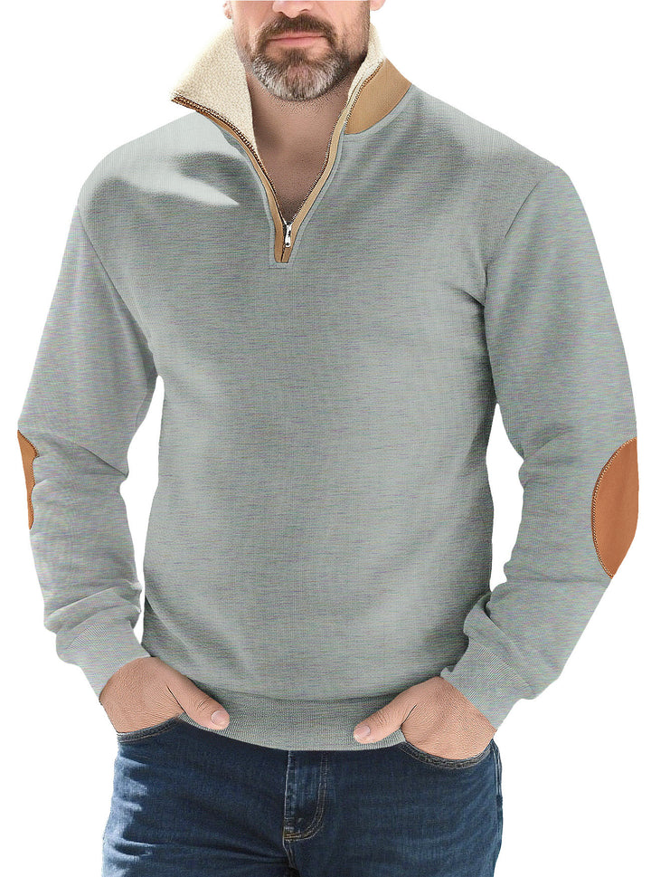 Herrer nan Strukturstrik-halv-zip-pullover med varmende Sherpa-krave og velour-ellenbog-applikation Skovae