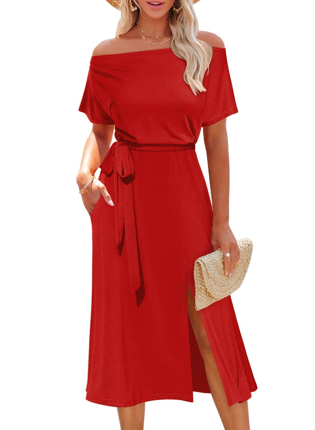 Dame elegant Midi-kjole med split og off-shoulder design Stilla