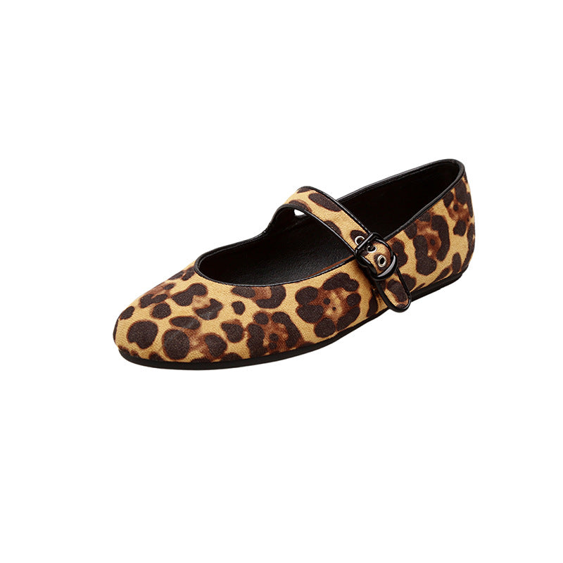 Dame Mary Jane Ballerinas med stilfuldt leopardmønster og komfortabel spænde Stilla