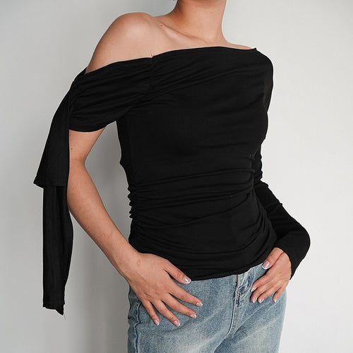 Femme Asymmetrisk Langærmet Rynkning Top Stilla