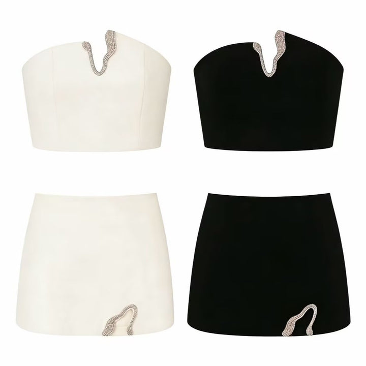 Dame Crop-Top og Mini-Nederdel Sæt med dekorativt Detail Skovae