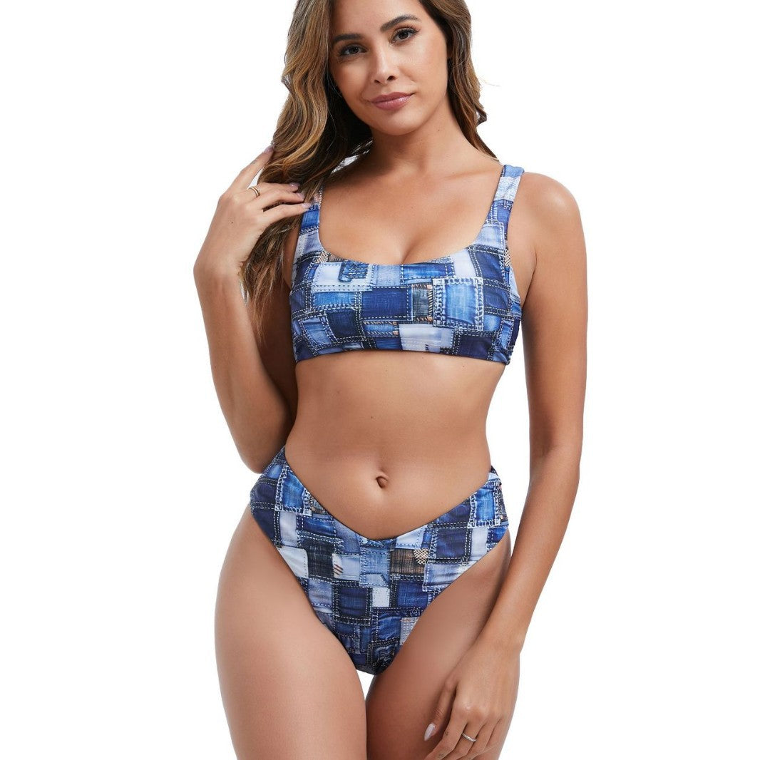 Dame bikini-sæt med højt skåret underdel og sporty overdel Skovae