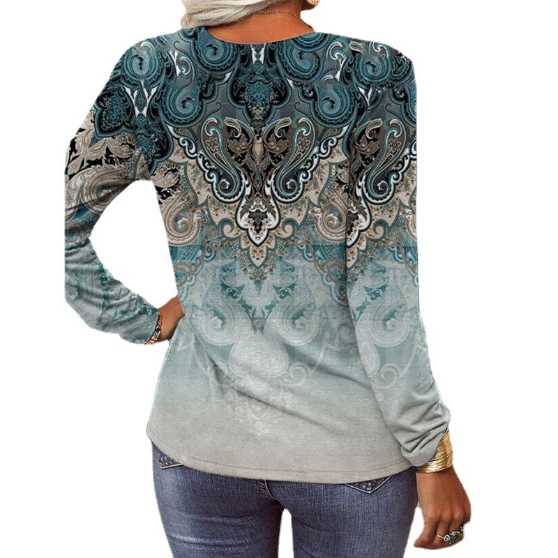Dame Langærmet T-shirt med blomsterdesign og elegant V-udskæring Stilla