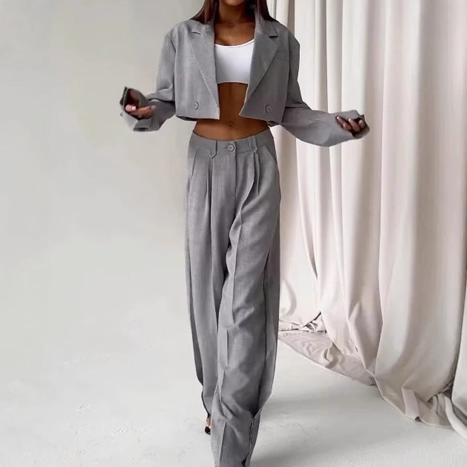 Dame Skræddersyet Cropped Blazer og Vidde-Bukser Sæt Stilla