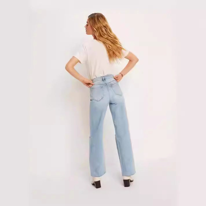 Dame High-Waist Jeans med frynsede kanter og modede revnedetaljer Skovae