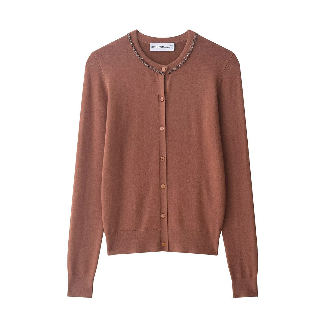 Kvinders fashionable strikket cardigan med elegant perleudsmykning Stilla