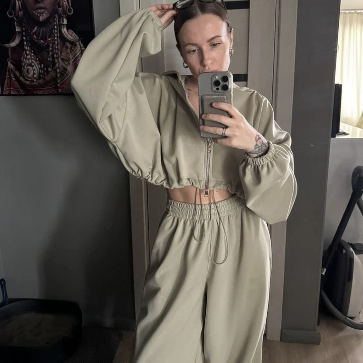 Kvindernes cropped hoodie og løse fritidsbukser sæt Skovae