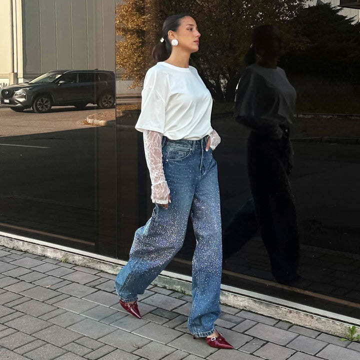 Kvinders fashionable oversized T-shirt med blondeærmer Stilla
