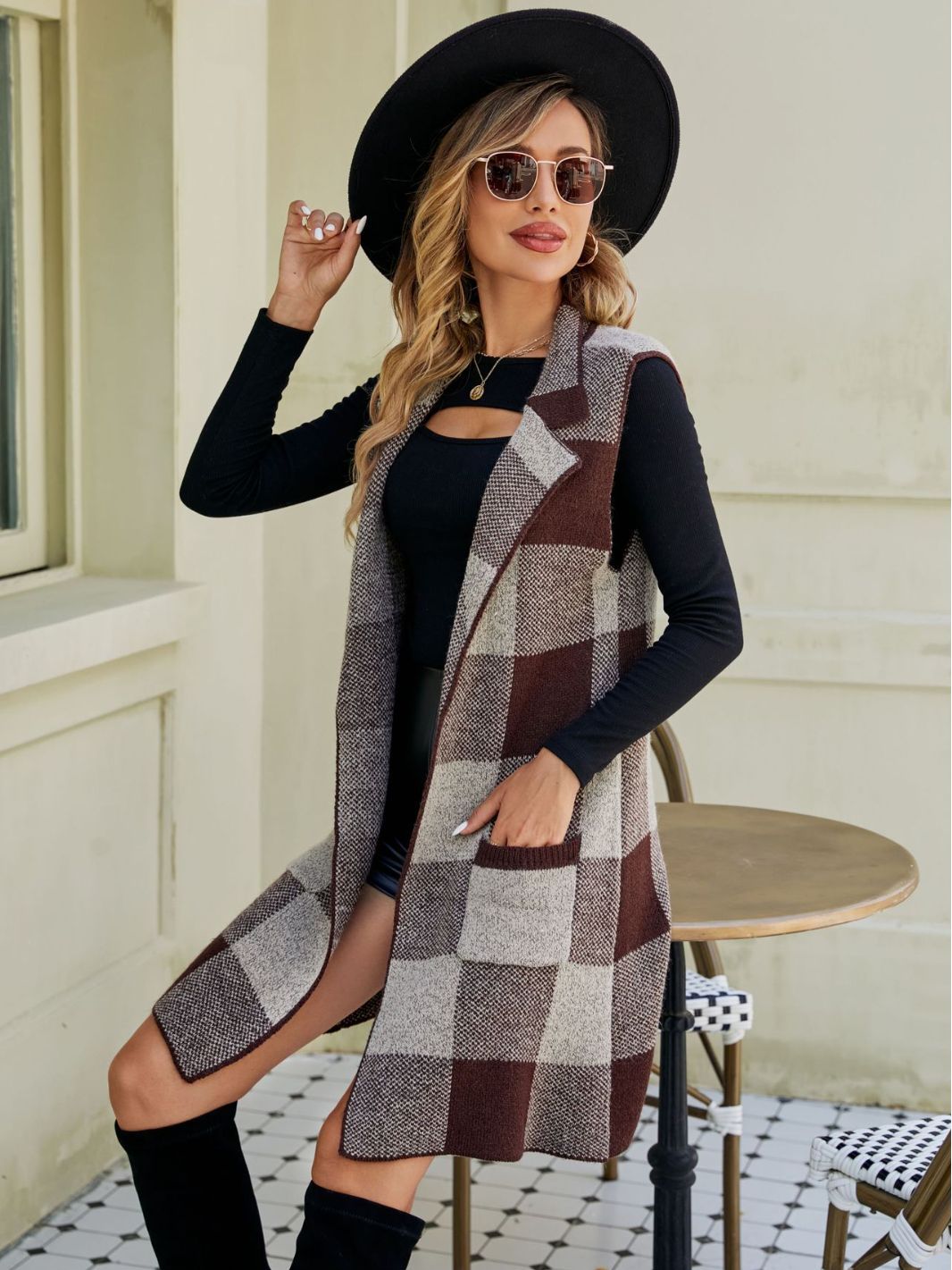 Dame langstrikket vest i ternet design Stilla