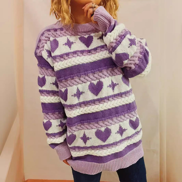 Kvindernes chunky strikkede sweater med hjerteformet mønster og brede striber Stilla