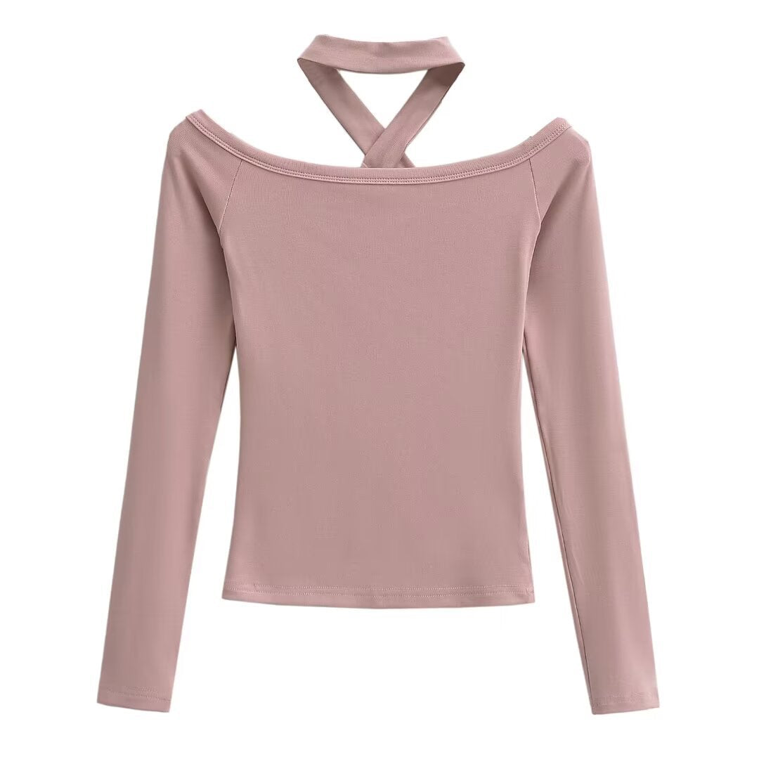 Dame Langærmet Overdel med mode Off-Shoulder Design og justerbar Krave Stilla