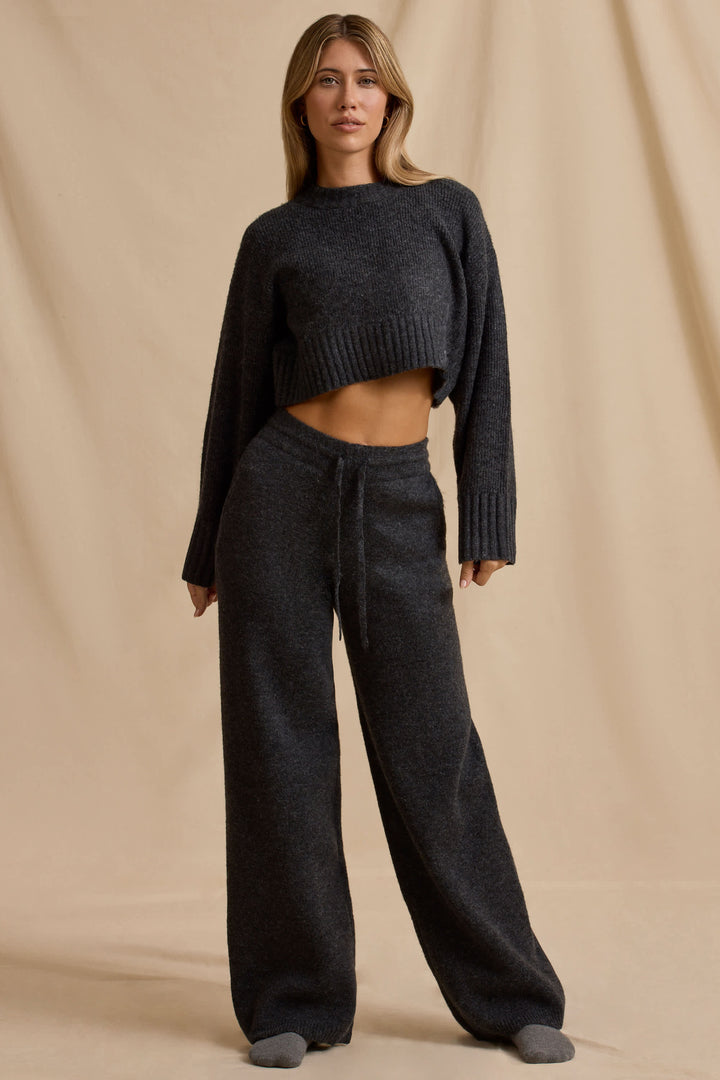Damer komfortabel strik sæt med cropped sweater og brede bukser Skovae