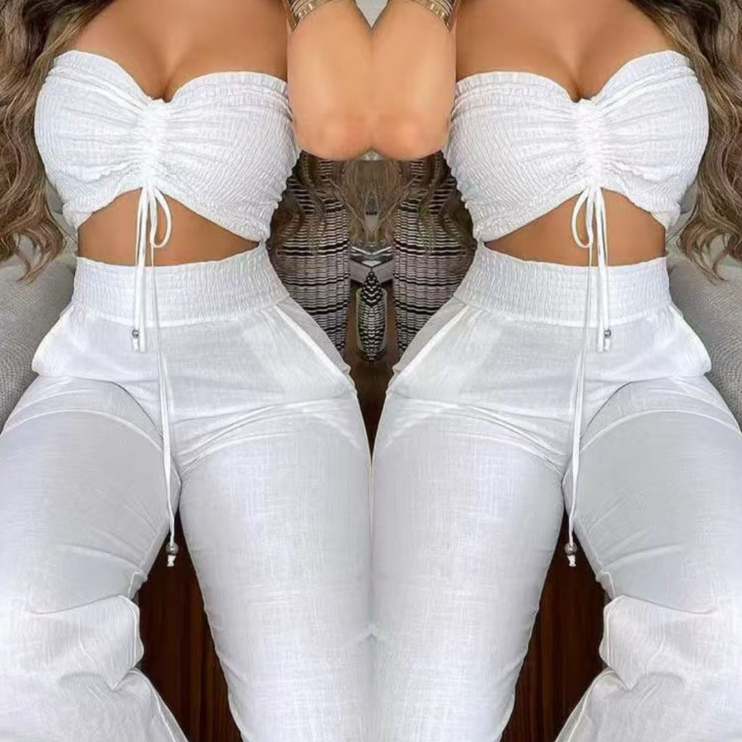 Dame To-delt Outfit lavet af let materiale med justerbar Crop-Top og High-Waist-Bukser Skovae
