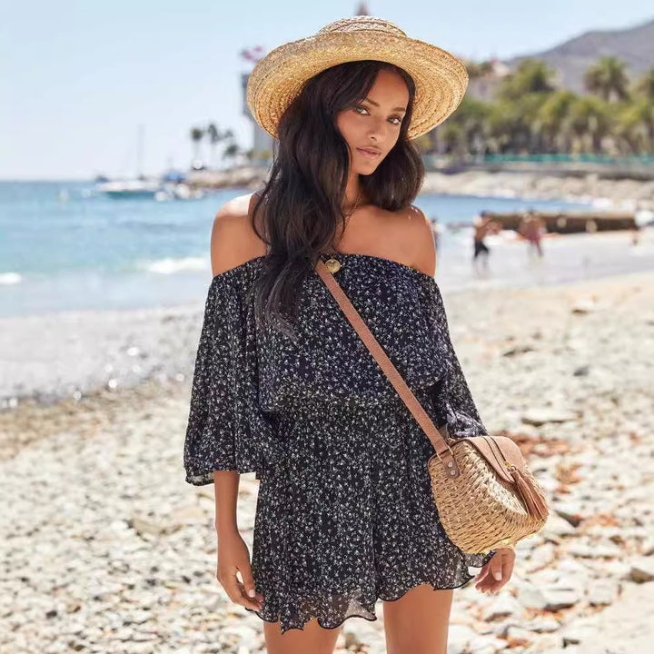 Kvinders off-shoulder sommerkjole med flæseærmer og elastisk talje Stilla