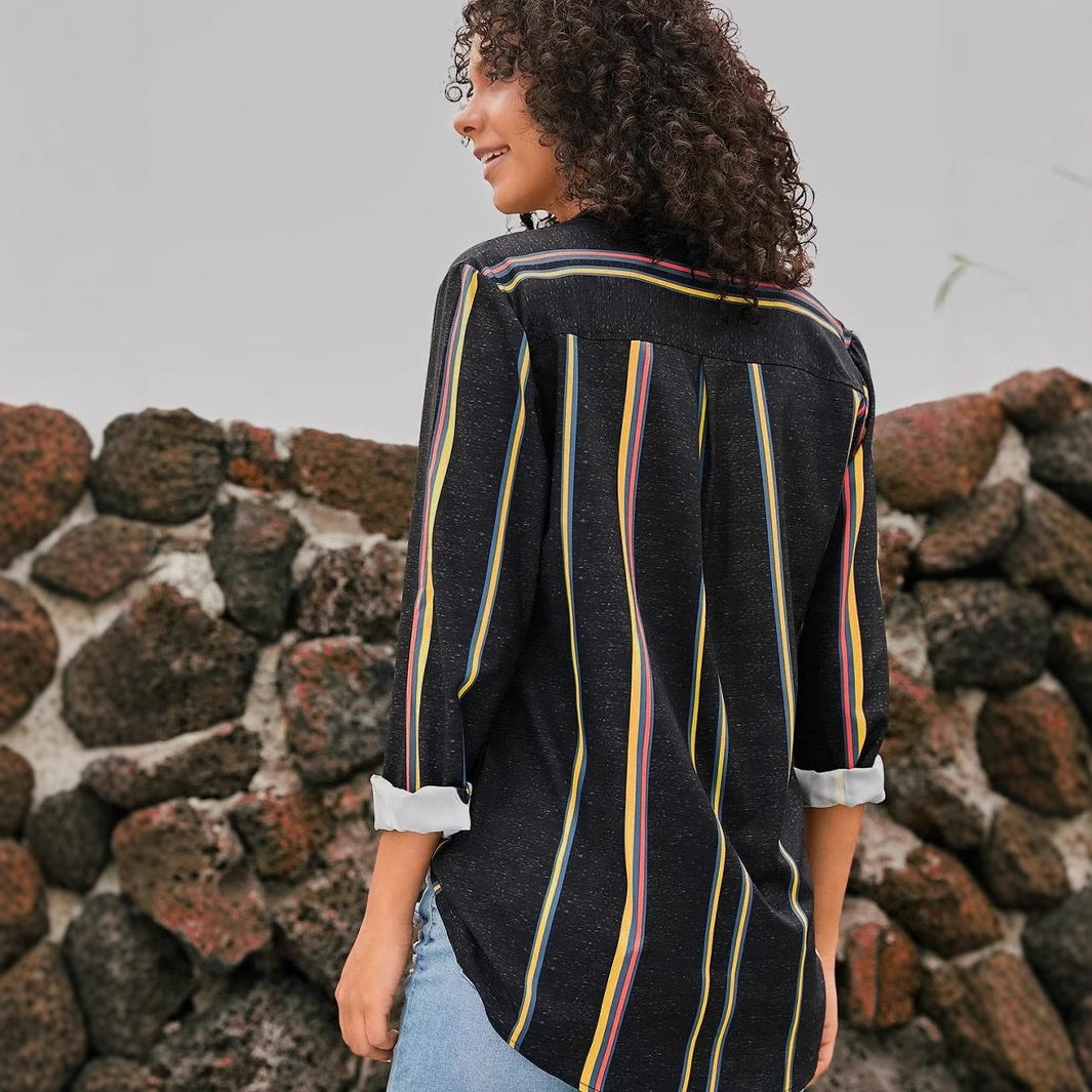 Dame stribet bluse med elegant krave og lang arm Stilla