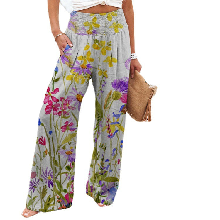 Dame bred Floral-bukser med elastisk linning og sidelommer Stilla