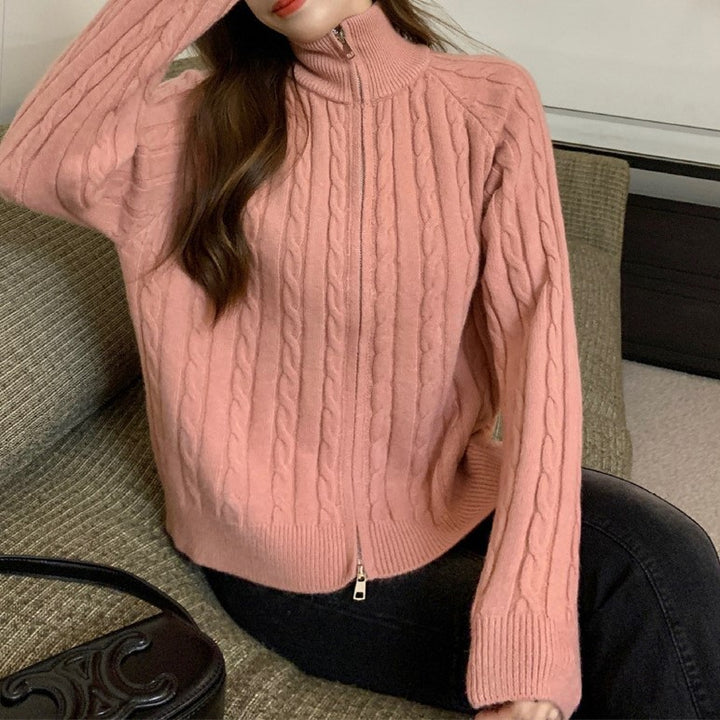 Kvinders chunky strik cardigan med høj krave og asymmetrisk snit Stilla