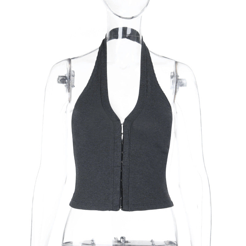 Dame Crop-top med dyb V-udskæring og elegant lynlås Skovae
