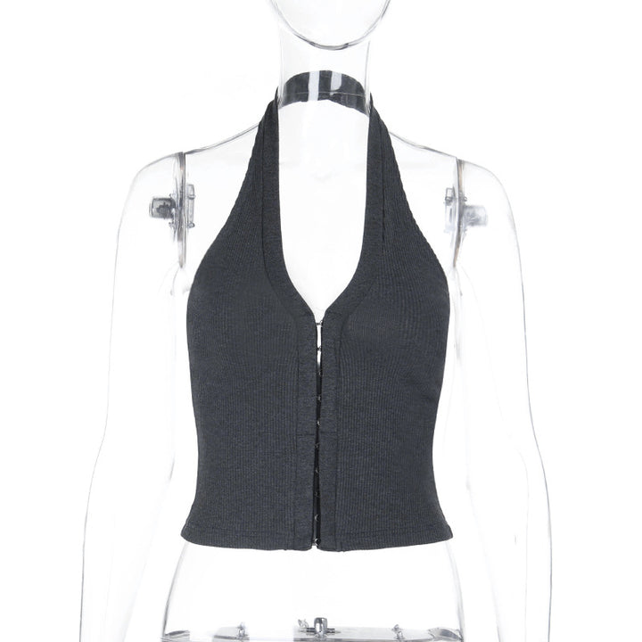 Dame Crop-top med dyb V-udskæring og elegant lynlås Skovae