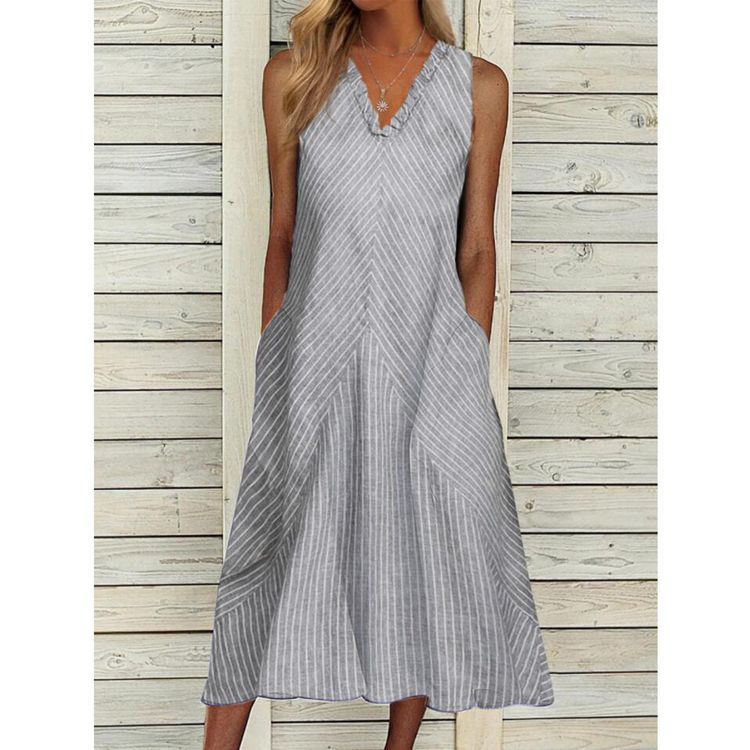 Dame ærmeløs A-formet midikjole med ruffle-V-hals diagonalt stribet linned-look og sidelommer Skovae