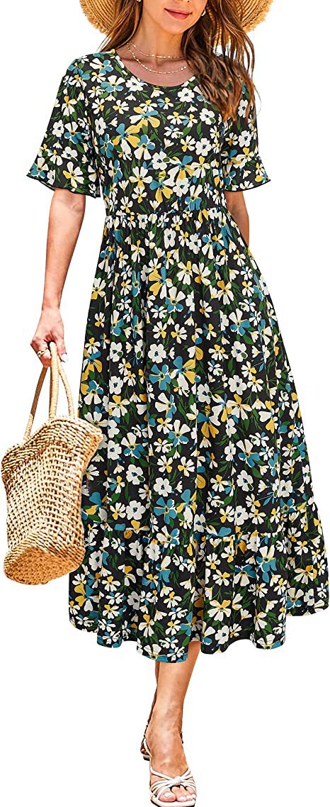 Kvindernes midi kjole med blomsterdesign og volang kant Stilla