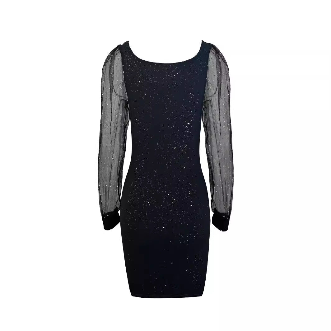 Elegant glitrende Bodycon-kjole til damer med gennemsigtige lange ærmer Stilla