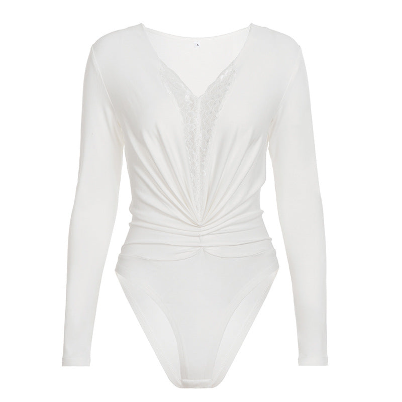 Damen Bodysuit mit tiefem V-Ausschnitt und elegantem Raffungselement Skovae