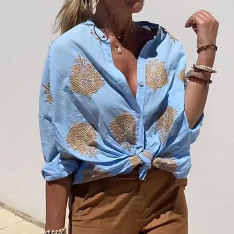 Dame nan Oversize skjorte med knude front og Paisley broderi Skovae
