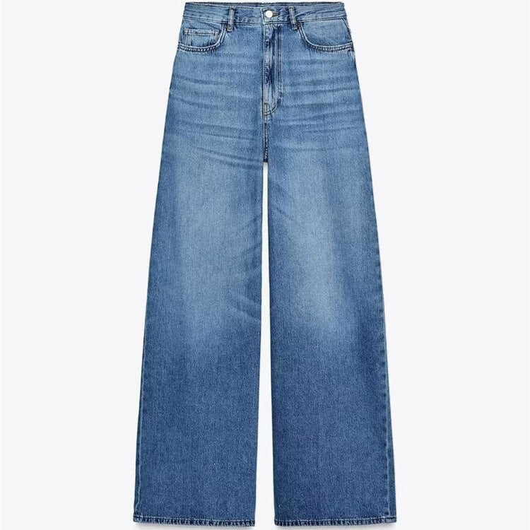 Damer let og struktureret bluse med ballonærmer og vide jeans Skovae