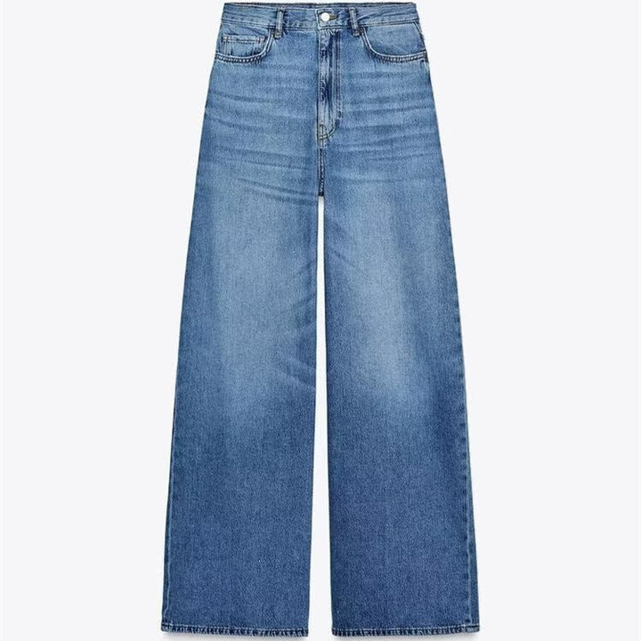 Damer let og struktureret bluse med ballonærmer og vide jeans Skovae
