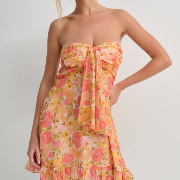 Dame uden stropper chiffon sommerkjole med blomsterdesign bandeau-top og flæsebesætning Skovae