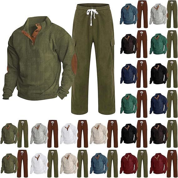 Herren nan struktureret finstrik halvknap pullover og fincord cargo sæt Skovae