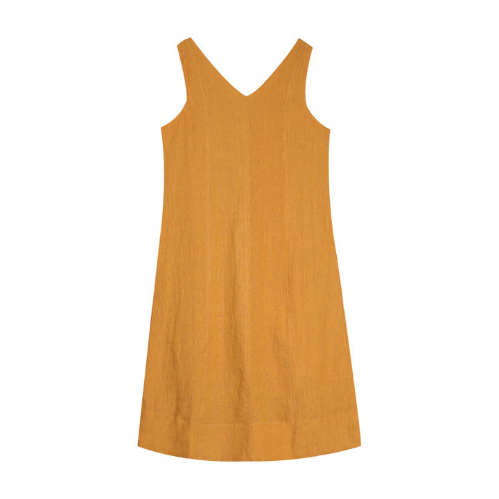 Dame ærmeløs maxikjole i høj kvalitet hørmix med V-udskæring og elegant fald Stilla