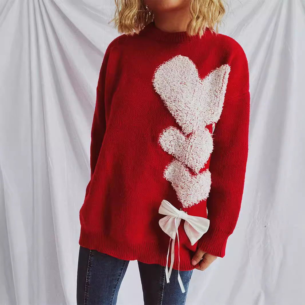 Kvinders strikket sweater med charmerende hjerte design og dekorativ sløjfe Stilla
