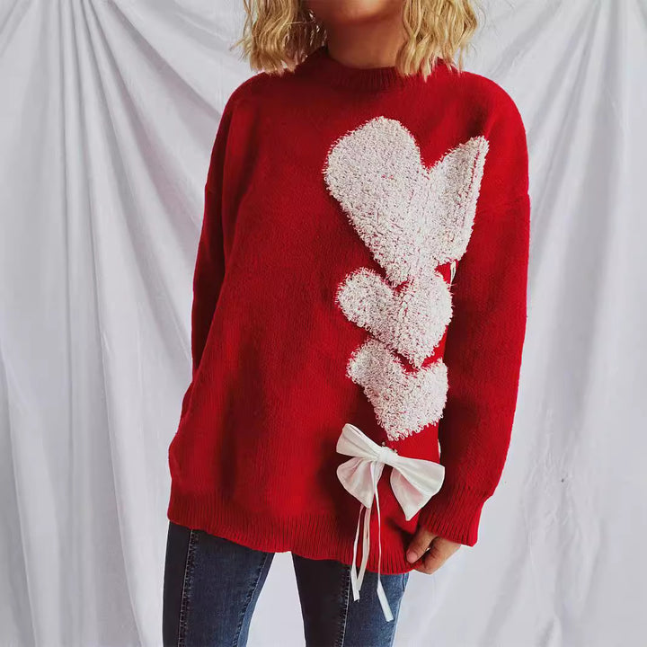 Kvinders strikket sweater med charmerende hjerte design og dekorativ sløjfe Stilla