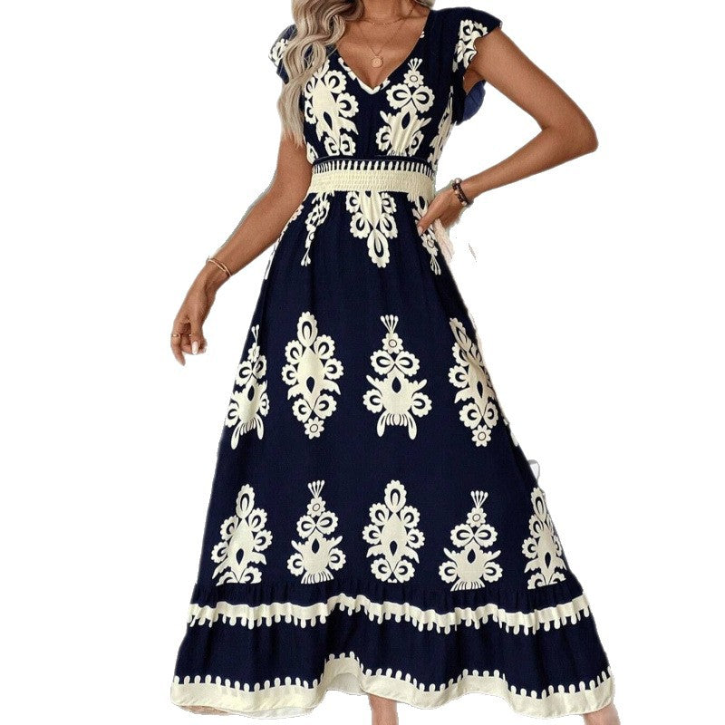 Damer Bohemian Floral Maxi Kjole med smocket talje Stilla