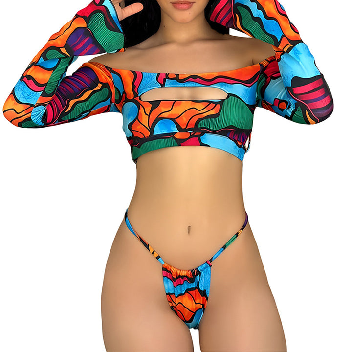 Dame Off-Shoulder Crop-Top med farverig design og matchende underdel Stilla