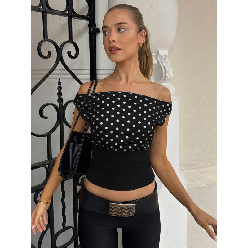 Damen Off-Shoulder Polka-Dot Top mit elastischem Bund Skovae