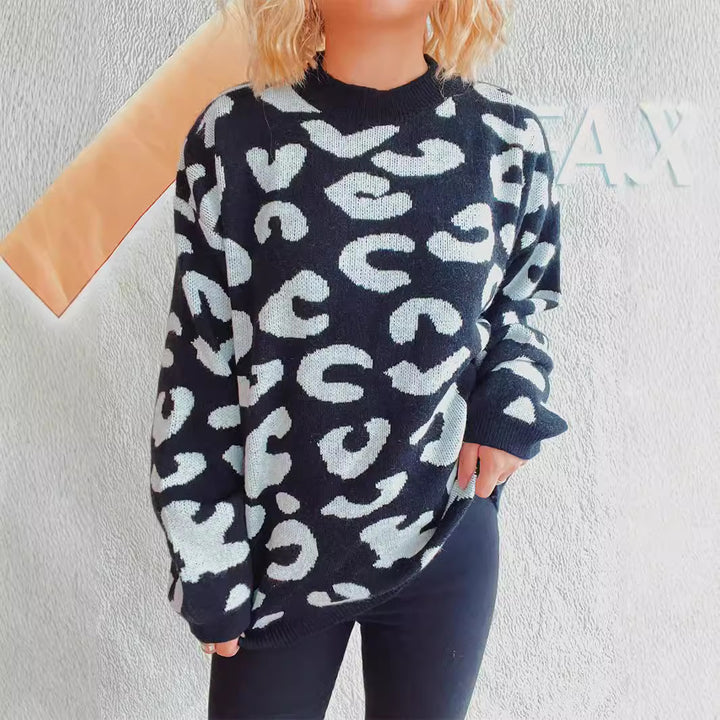 Dame komfortabel oversized pullover med moderne leopardmønster og rund halsudskæring Stilla