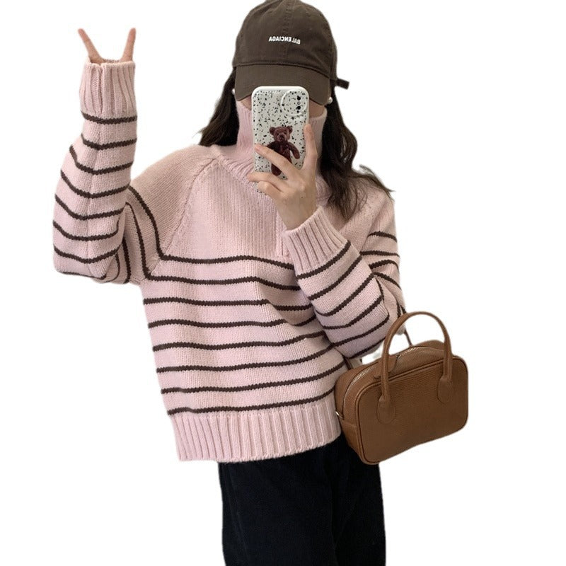Kvinders casual strikket sweater med sporty krave og stribemønster Stilla
