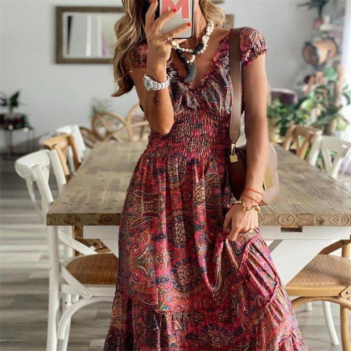 Dame Boho Maxi Kjole med rynket overdel og lagdelt kant Stilla