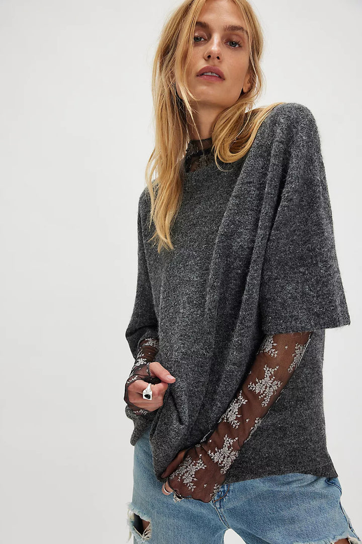 Kvindernes Oversized Sweater med Elegante Mesh Ærmer og Delikat Broderi Mønster Skovae